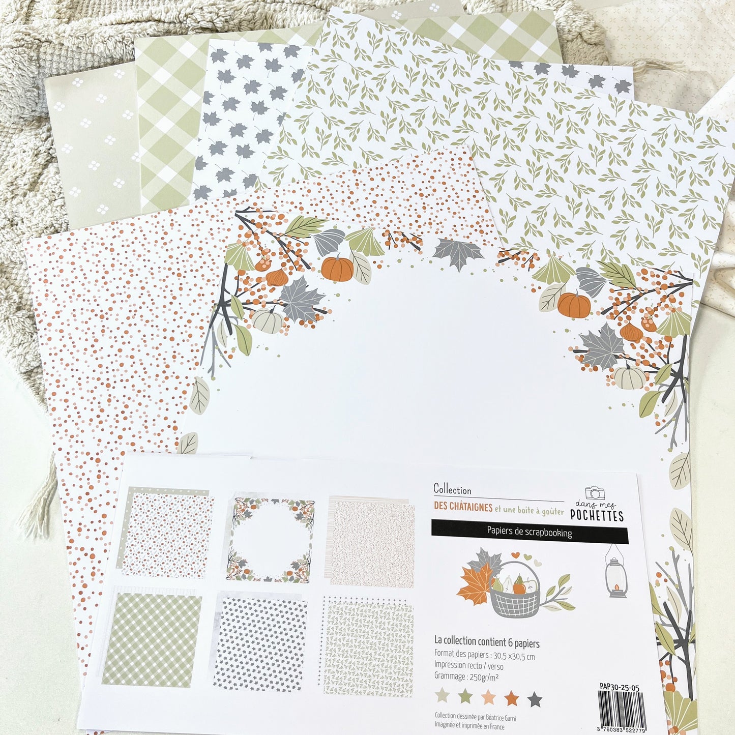 Collection de papiers de scrapbooking (30x30) - Des châtaignes et une boîte à goûter