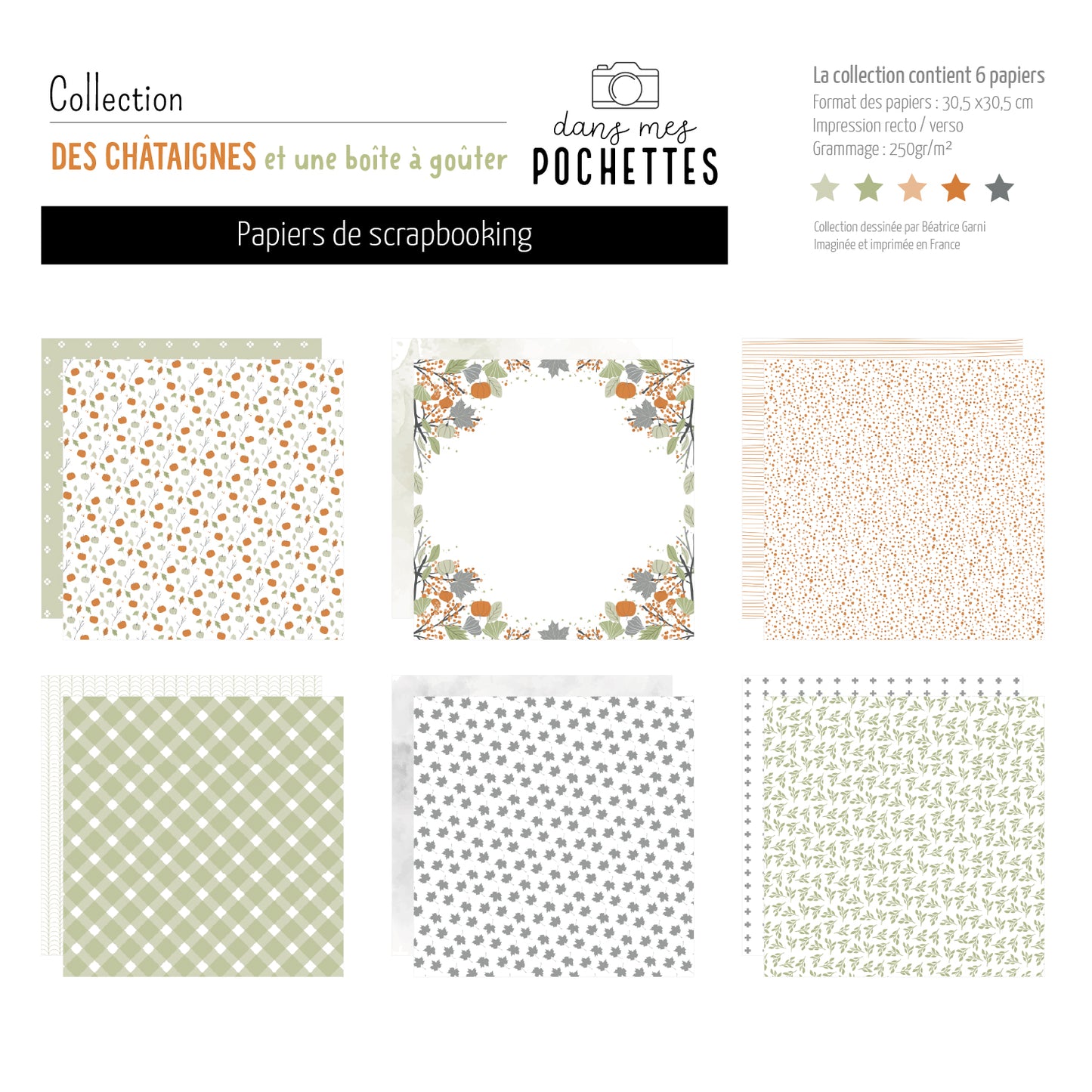 Collection de papiers de scrapbooking (30x30) - Des châtaignes et une boîte à goûter