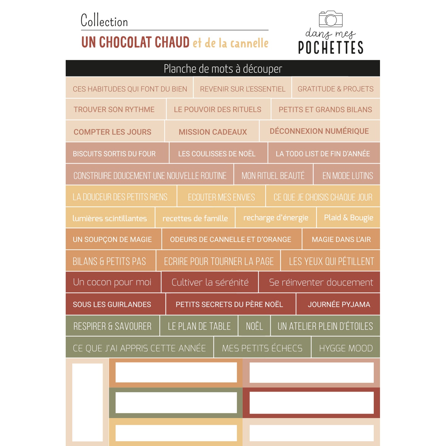 Planche de mots à découper - Un chocolat chaud et de la cannelle