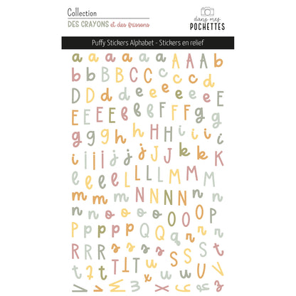Planche de puffy stickers Alphabet "Des crayons et des frissons" avec lettres majuscules et minuscules en relief – dans mes pochettes