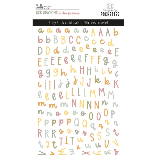 Planche de puffy stickers Alphabet "Des crayons et des frissons" avec lettres majuscules et minuscules en relief – dans mes pochettes