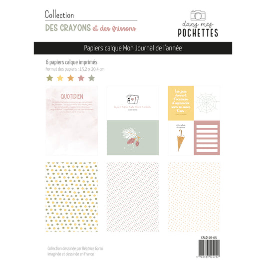 6 papiers calque imprimés "Mon Journal de l'année" avec citations, citrouilles à pois et motifs d'automne – collection Des crayons et des frissons, dans mes pochettes