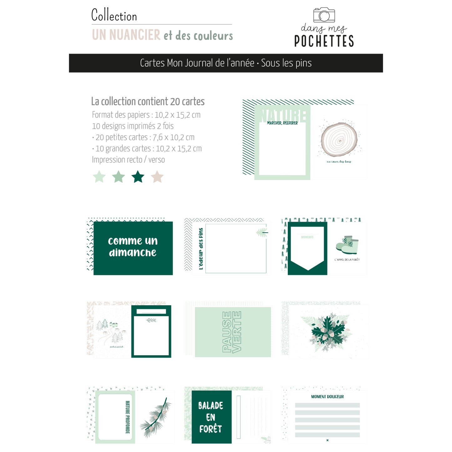 Cartes JDA - Project Life - Sous les pins : aperçu d’une collection de 20 cartes avec motifs vert émeraude et vert d’eau, style journal intime.