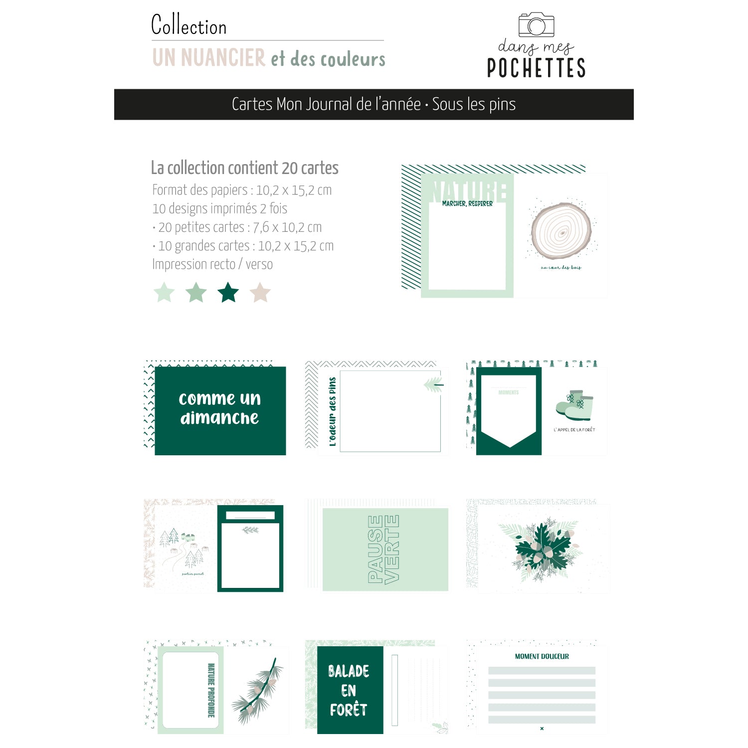 Cartes JDA - Project Life - Sous les pins : aperçu d’une collection de 20 cartes avec motifs vert émeraude et vert d’eau, style journal intime.
