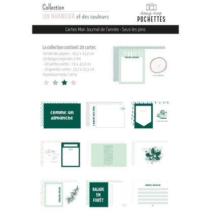 Cartes JDA - Project Life - Sous les pins : aperçu d’une collection de 20 cartes avec motifs vert émeraude et vert d’eau, style journal intime.