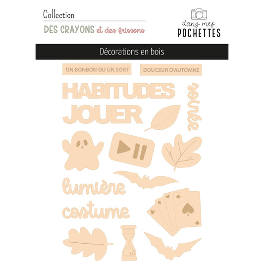 Décorations en bois "Des crayons et des frissons" avec feuilles, fantôme, chauves-souris et cartes à jouer, épaisseur 2mm – dans mes pochettes