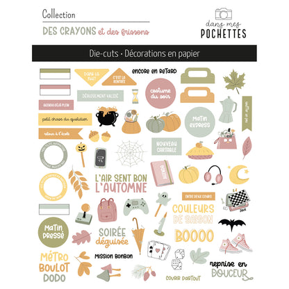 Assortiment de die-cuts "Des crayons et des frissons" avec citrouilles, cartable, chaudron et feuilles d'automne – dans mes pochettes