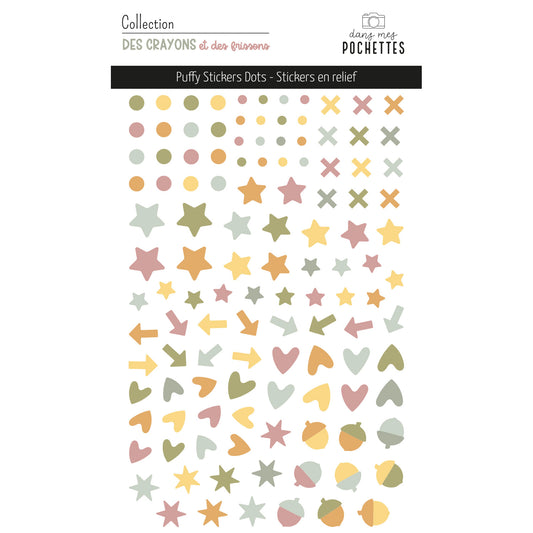 Planche de puffy stickers Dots "Des crayons et des frissons" avec points, croix, étoiles, flèches et cœurs en relief – dans mes pochettes