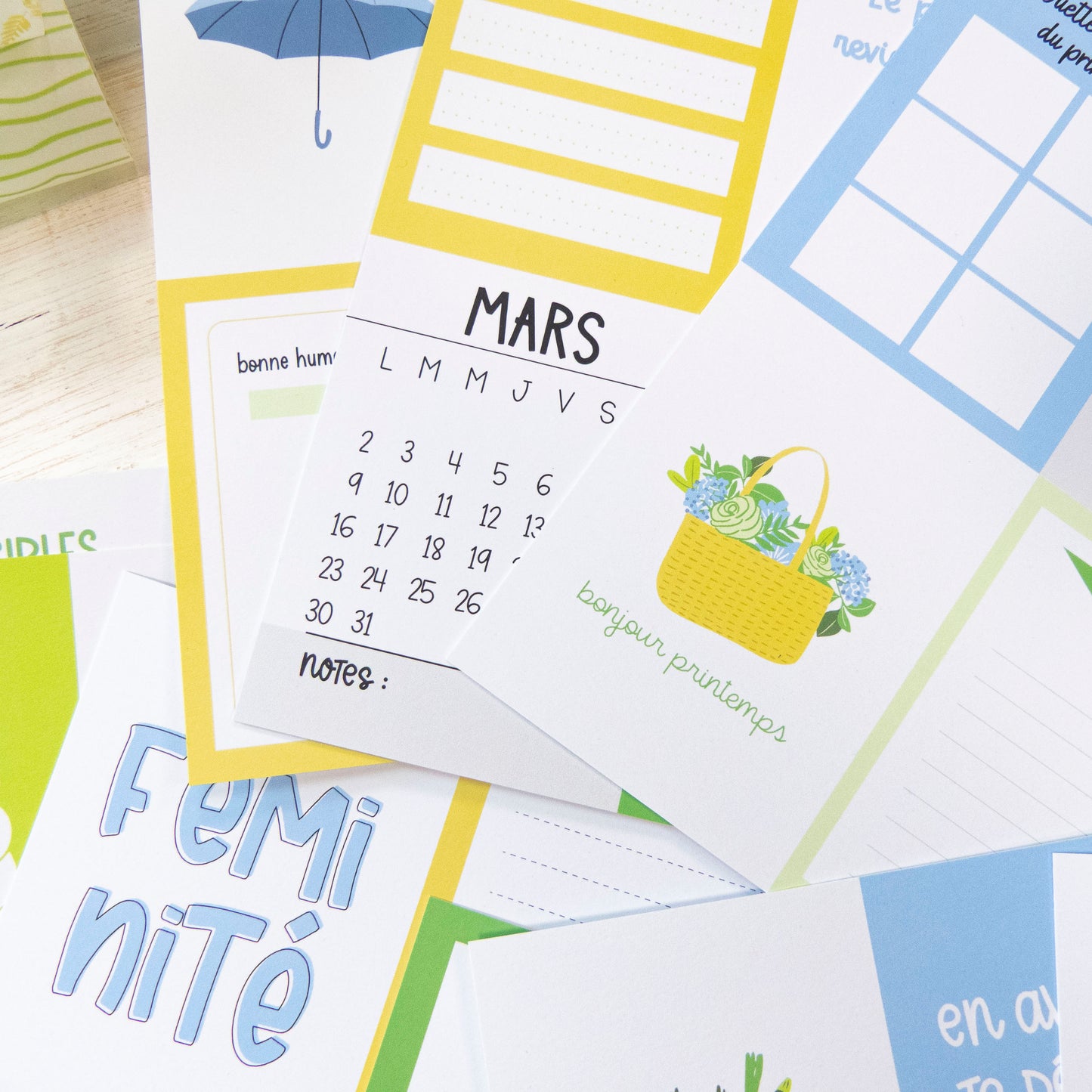 Cartes Project Life - Des fleurs et des saveurs : pages colorées avec calendrier mars, notes et motifs printaniers.
