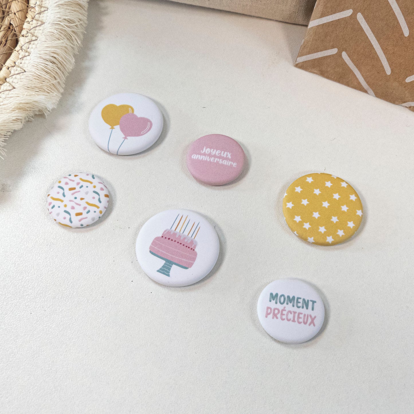 Lot de 6 badges à dos plat - Des rires et des bougies
