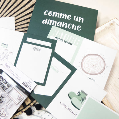 Cartes JDA - Project Life - Sous les pins : ensemble de papeterie vert émeraude avec cartes et pochettes de scrapbooking inspirées nature.
