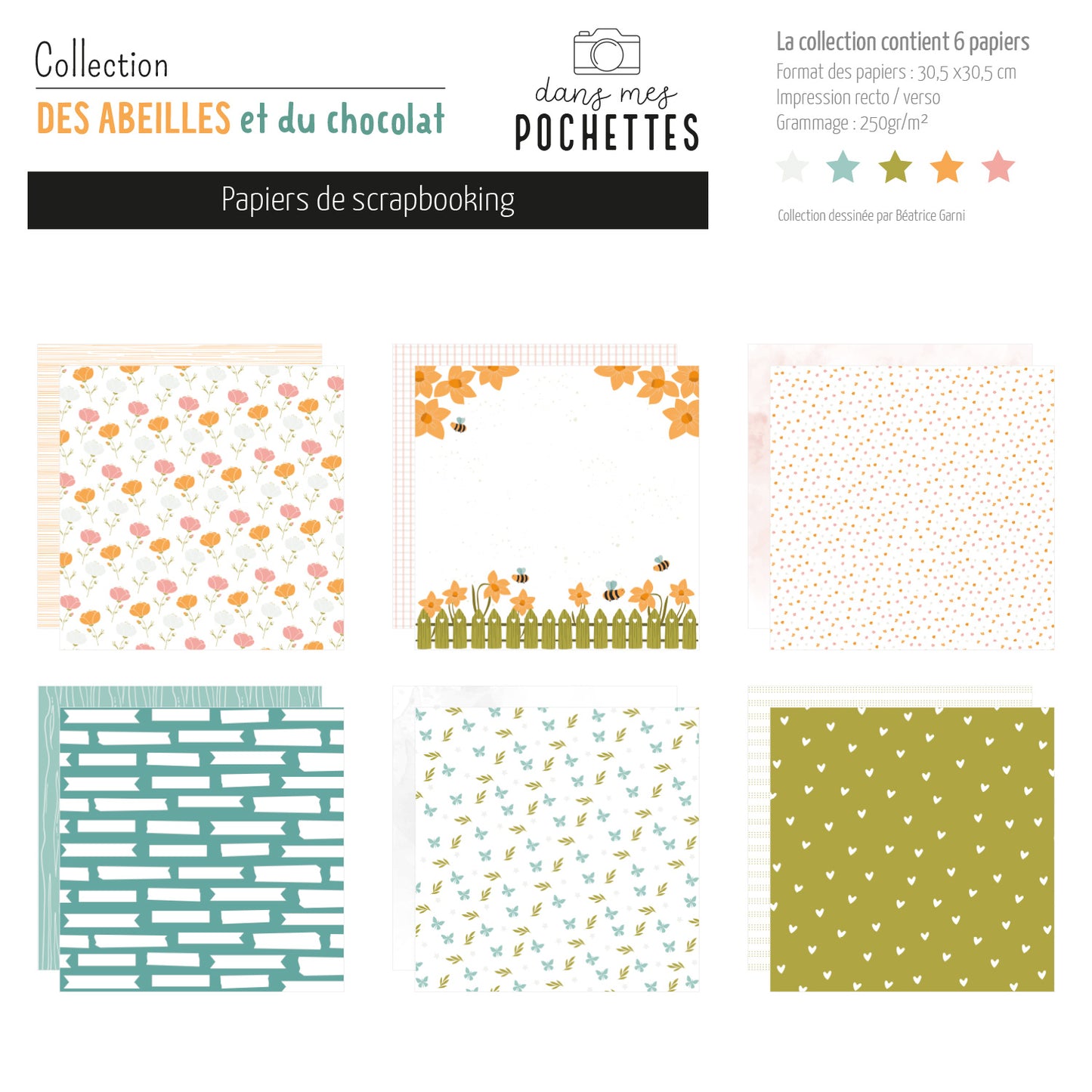 Collection de papiers de scrapbooking (30x30) - Des abeilles et du chocolat