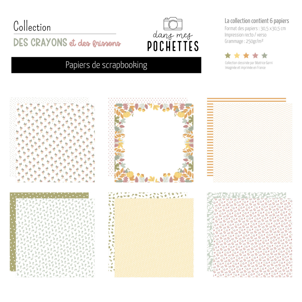 6 papiers de scrapbooking "Des crayons et des frissons" avec motifs champignons, citrouilles et feuillage d'automne, format 30,5x30,5cm – dans mes pochettes