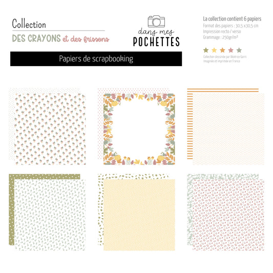 6 papiers de scrapbooking "Des crayons et des frissons" avec motifs champignons, citrouilles et feuillage d'automne, format 30,5x30,5cm – dans mes pochettes