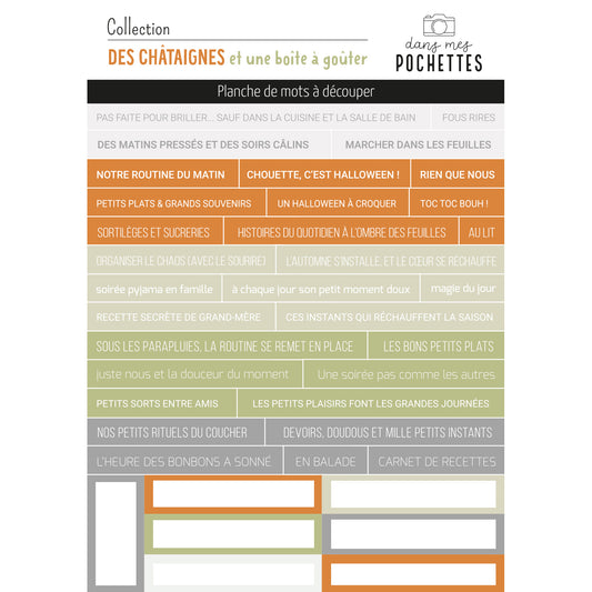 Planche de mots à découper - Des châtaignes et une boîte à goûter