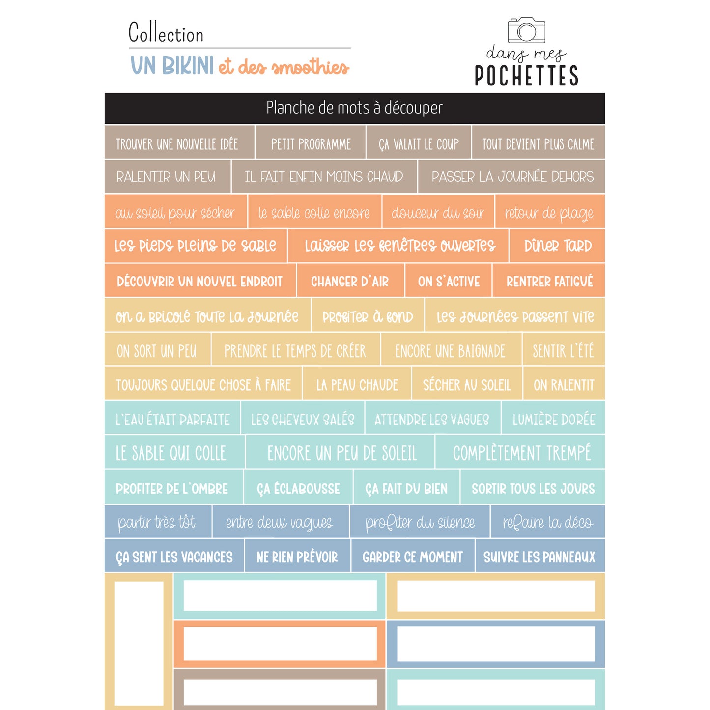 Planche de mots à découper - Un bikini et des smoothies