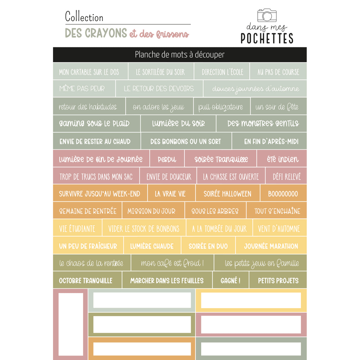Planche de mots à découper "Des crayons et des frissons" avec expressions sur la rentrée, l'automne et Halloween – dans mes pochettes