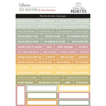 Planche de mots à découper "Des crayons et des frissons" avec expressions sur la rentrée, l'automne et Halloween – dans mes pochettes