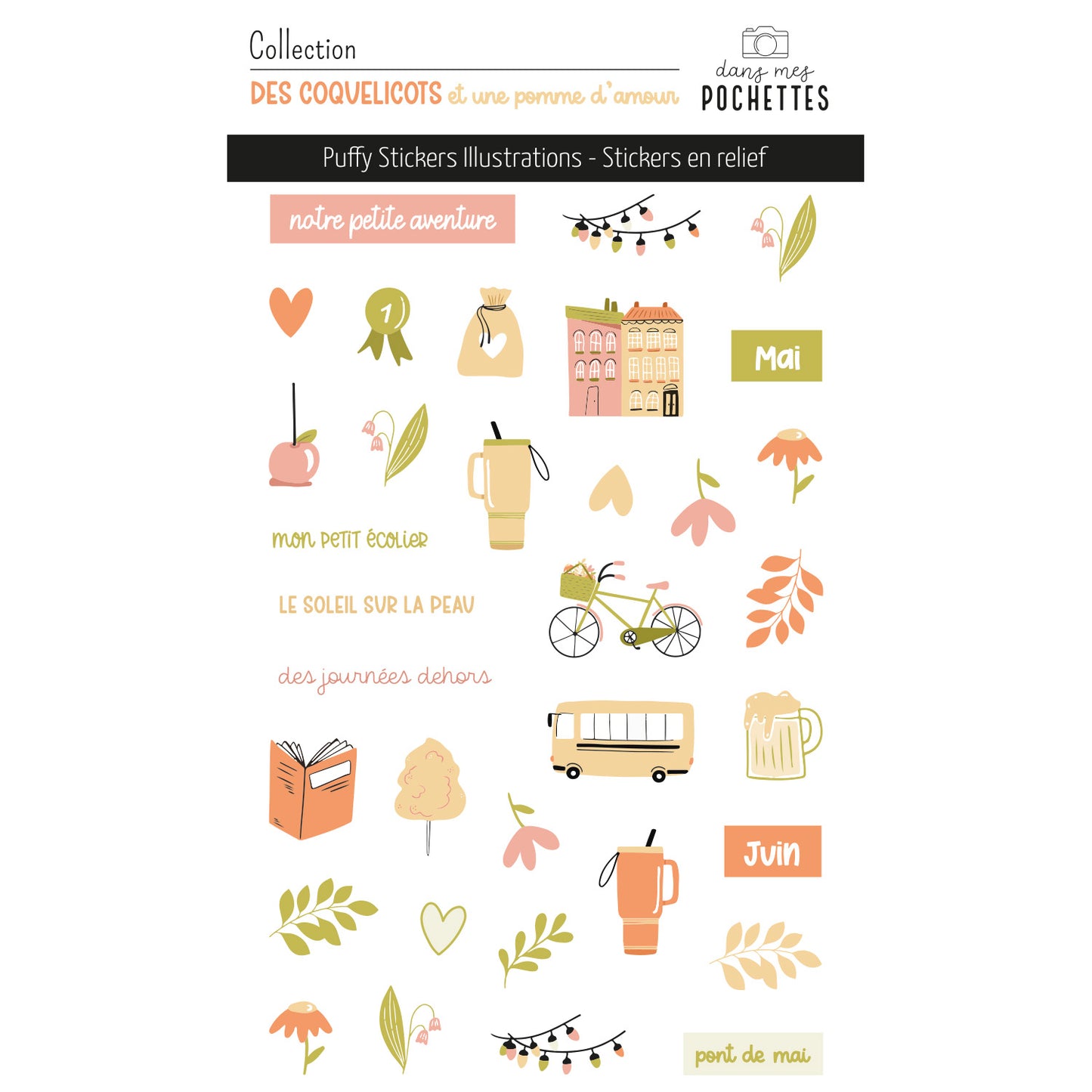 Stickers Puffy - Illustrations - Des coquelicots et une pomme d'amour
