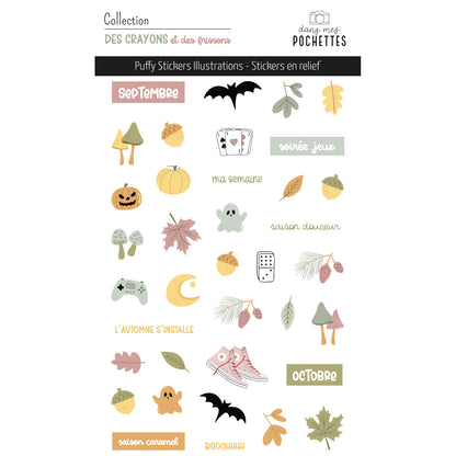 Planche de puffy stickers en relief "Des crayons et des frissons" avec citrouilles, champignons, fantômes et feuilles d'automne – dans mes pochettes