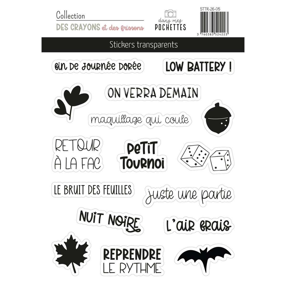 Planche de stickers transparents "Des crayons et des frissons" avec feuilles, gland, dés et chauve-souris pour la rentrée et l'automne – dans mes pochettes