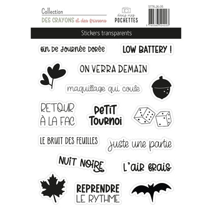Planche de stickers transparents "Des crayons et des frissons" avec feuilles, gland, dés et chauve-souris pour la rentrée et l'automne – dans mes pochettes