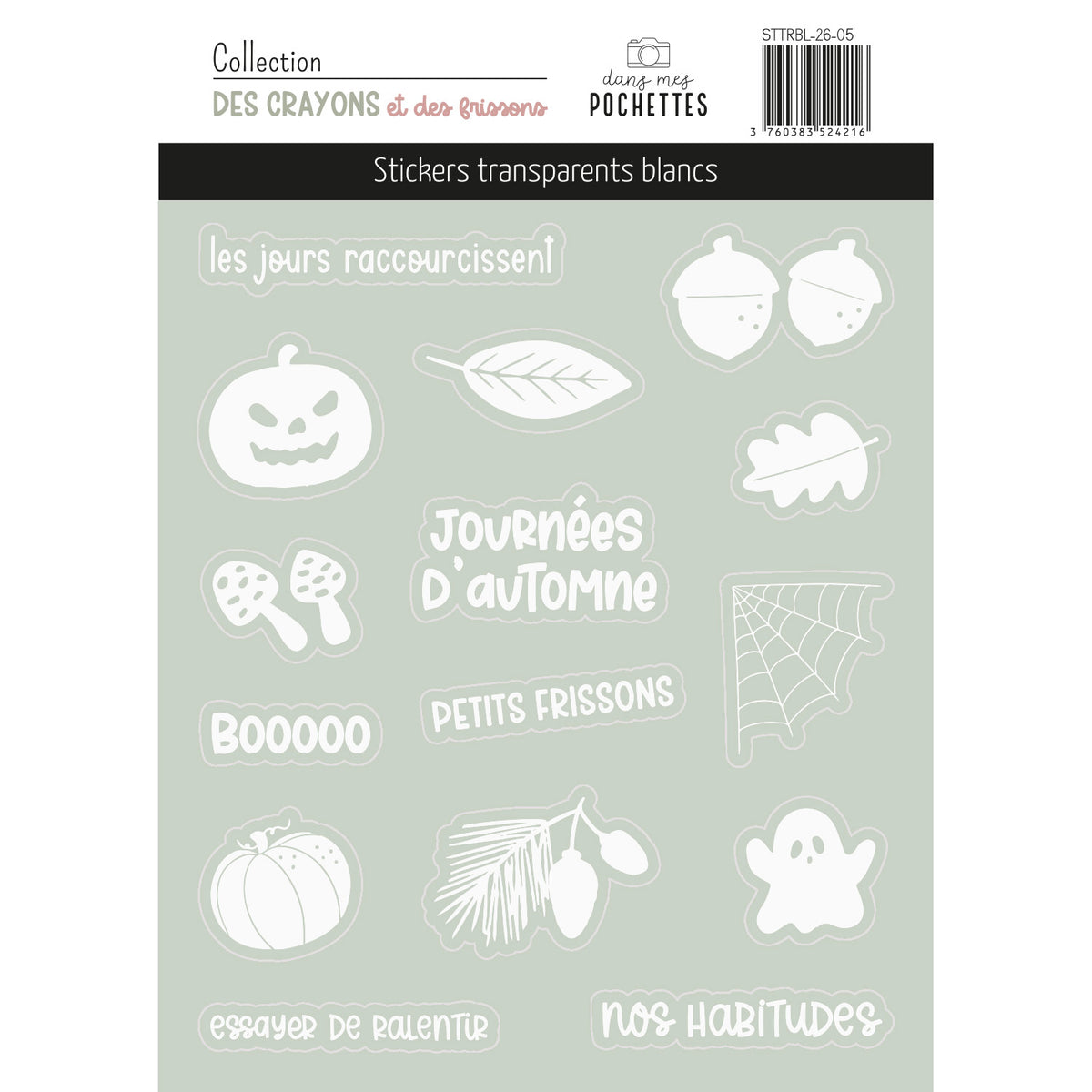 Planche de stickers transparents blancs "Des crayons et des frissons" avec citrouille, fantôme, glands et toile d'araignée pour l'automne et Halloween – dans mes pochettes