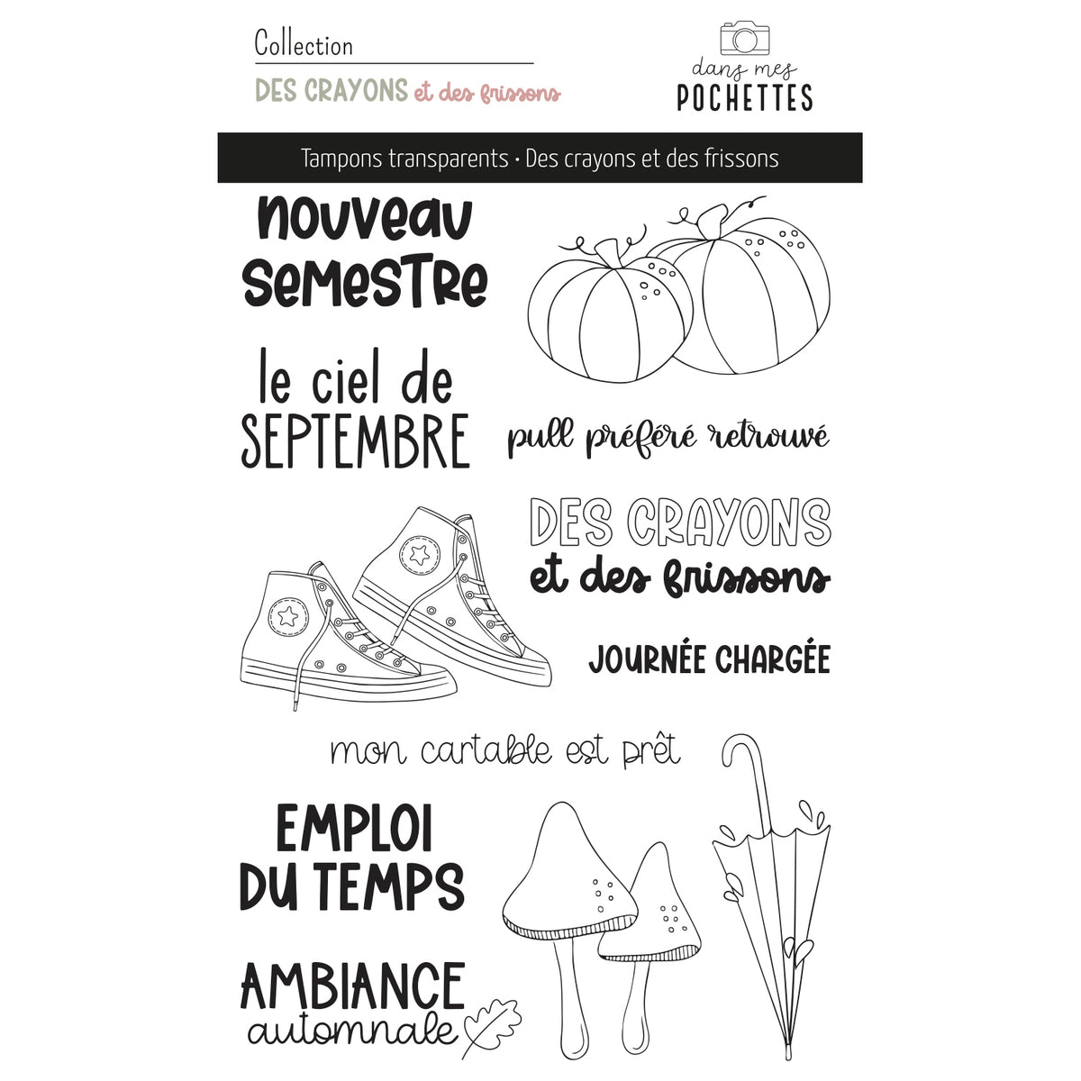 Planche de tampons transparents "Des crayons et des frissons" avec citrouilles, baskets, champignons et parapluie pour la rentrée et l'automne – collection Des crayons et des frissons, dans mes pochettes