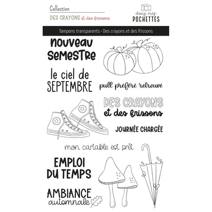 Planche de tampons transparents "Des crayons et des frissons" avec citrouilles, baskets, champignons et parapluie pour la rentrée et l'automne – collection Des crayons et des frissons, dans mes pochettes