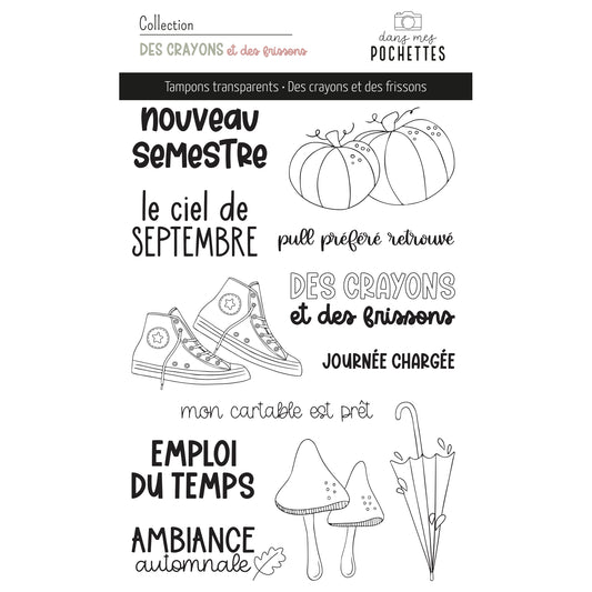 Planche de tampons transparents "Des crayons et des frissons" avec citrouilles, baskets, champignons et parapluie pour la rentrée et l'automne – collection Des crayons et des frissons, dans mes pochettes