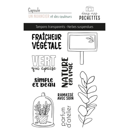Planche de tampons clear – Herbes suspendues: motifs végétaux, plantes en pot sous cloche, et inscriptions végétales comme Fraîcheur végétale et Vert qui apaise.