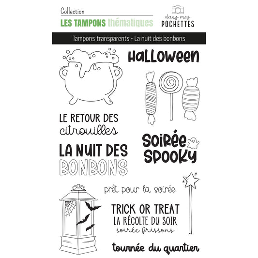 Planche de tampons transparents "La nuit des bonbons" avec chaudron, bonbons, lanterne et chauves-souris pour Halloween – collection Des crayons et des frissons, dans mes pochettes