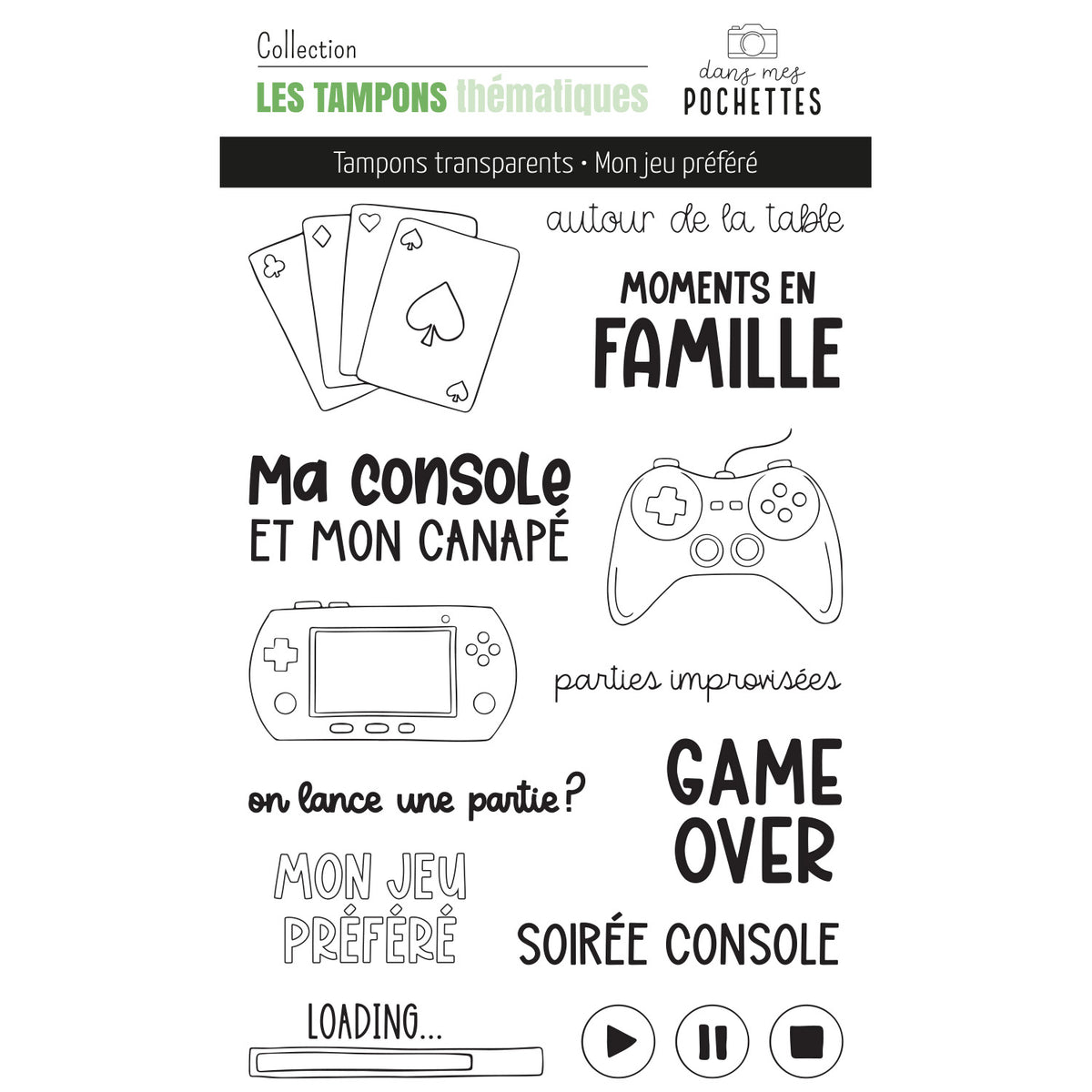 Planche de tampons transparents "Mon jeu préféré" avec manette de jeu, console portable et cartes à jouer – dans mes pochettes