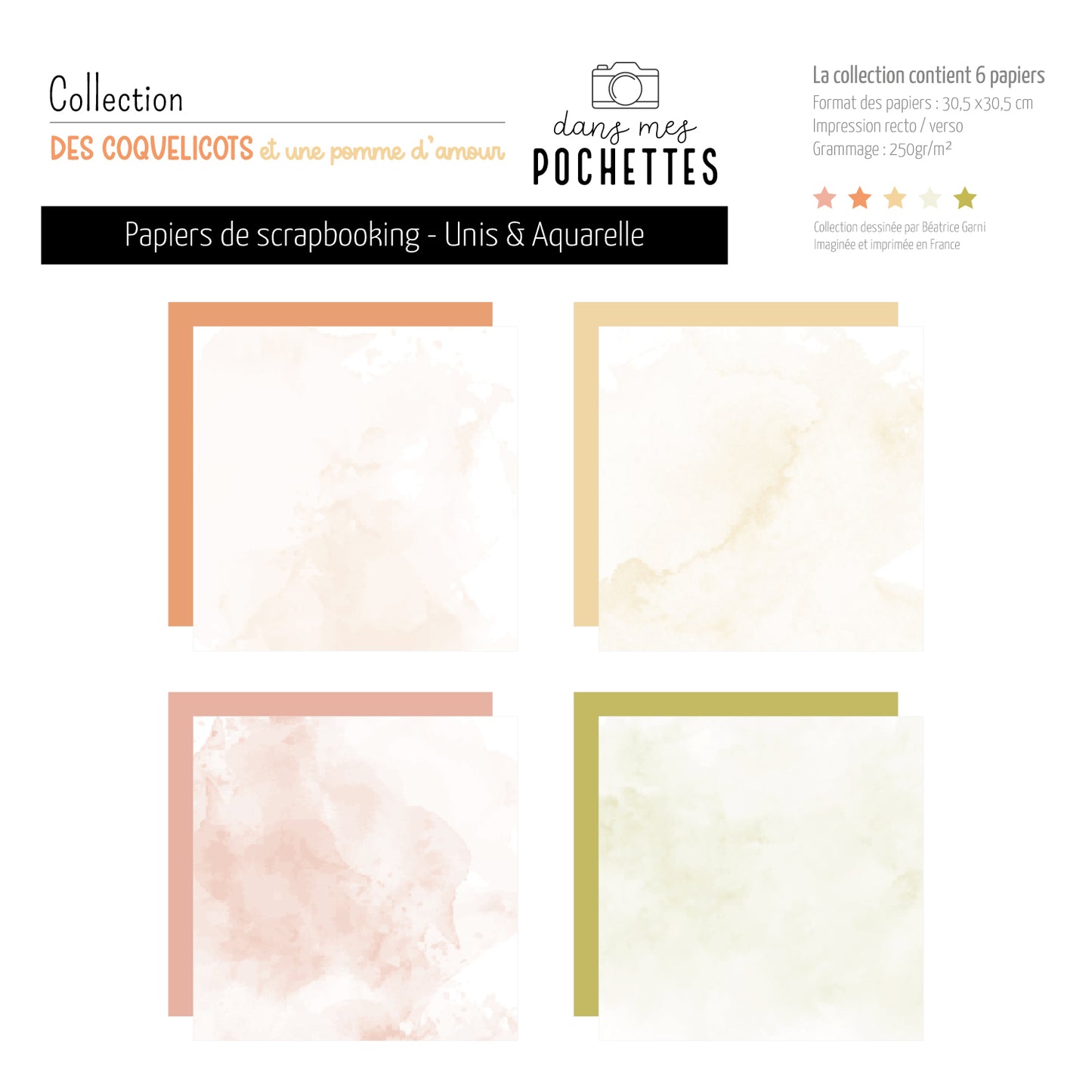 Papiers de scrapbooking (Unis et Aquarelle) - Des coquelicots et une pomme d'amour
