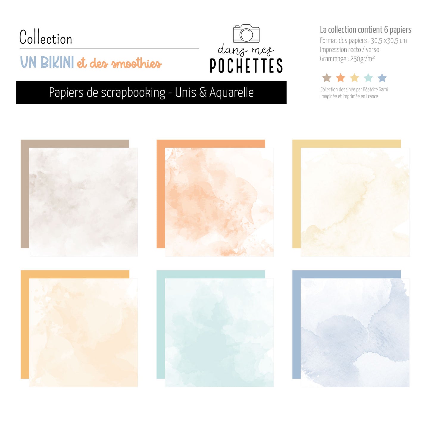 Papiers de scrapbooking (Unis et Aquarelle) - Un bikini et des smoothies