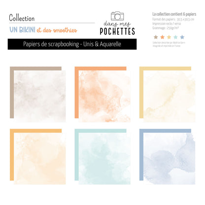 Papiers de scrapbooking (Unis et Aquarelle) - Un bikini et des smoothies