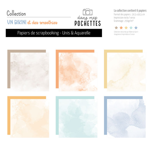 Papiers de scrapbooking (Unis et Aquarelle) - Un bikini et des smoothies