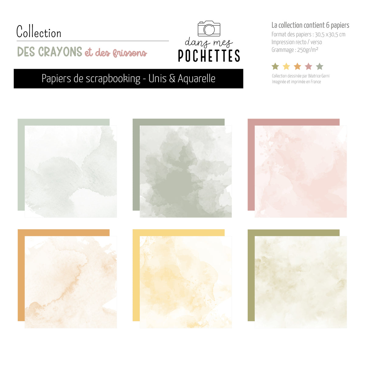 6 papiers de scrapbooking unis et aquarelle "Des crayons et des frissons" dans les tons sauge, rose et moutarde, format 30,5x30,5cm – dans mes pochettes