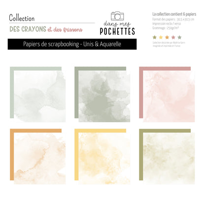 6 papiers de scrapbooking unis et aquarelle "Des crayons et des frissons" dans les tons sauge, rose et moutarde, format 30,5x30,5cm – dans mes pochettes
